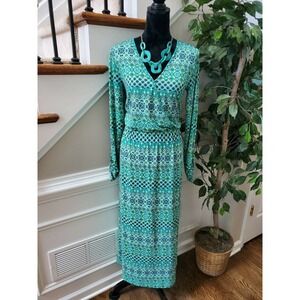 AmberNoon II Women Blue Rayon V-Neck Long Sleeve Knee length Dress Size X-Small